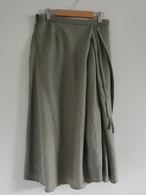 Moonstone Olive Wrap Accent Midi Linen Boho Skirt Sz 6 Nature Cottagecore